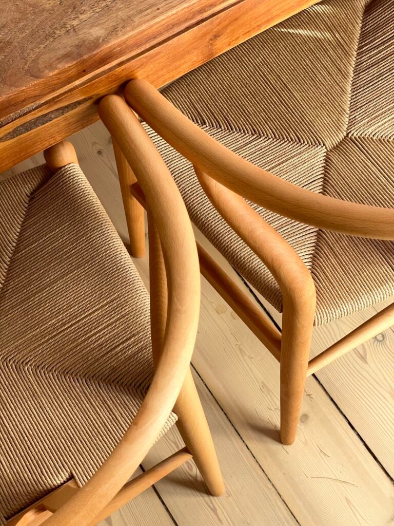 up close detail of woven dining chairs