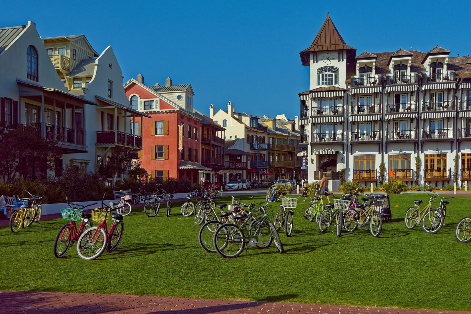 bicycle lot on green field in Rosemary Beach along scenic highway 30A