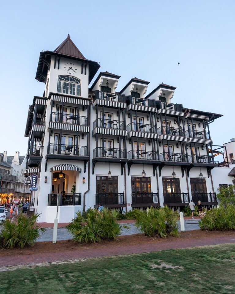 The Pearl Hotel in Rosemary Beach, Florida, with its iconic clock tower and European-inspired architecture along Scenic Highway 30A.