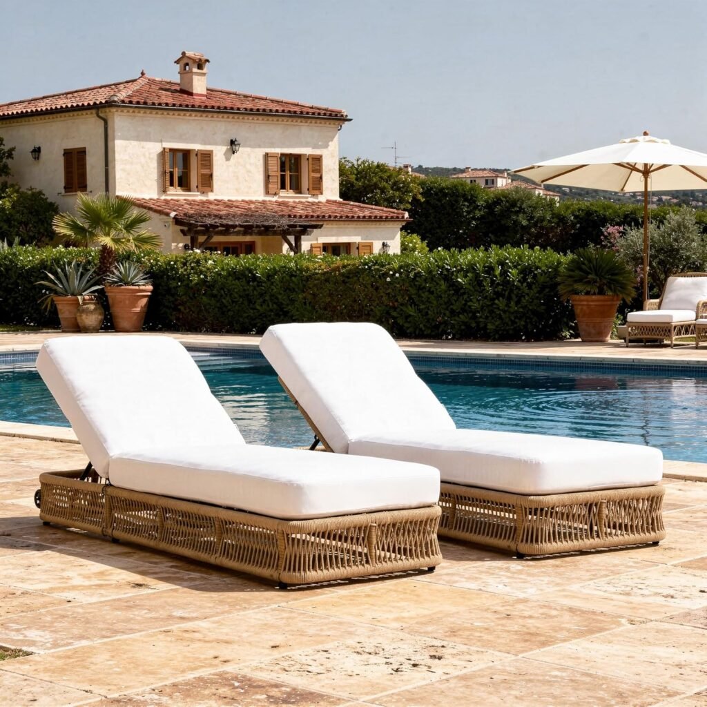 A pair of woven framed chaise lounge chairs with white cushions set beside a pool in a Mediterranean setting