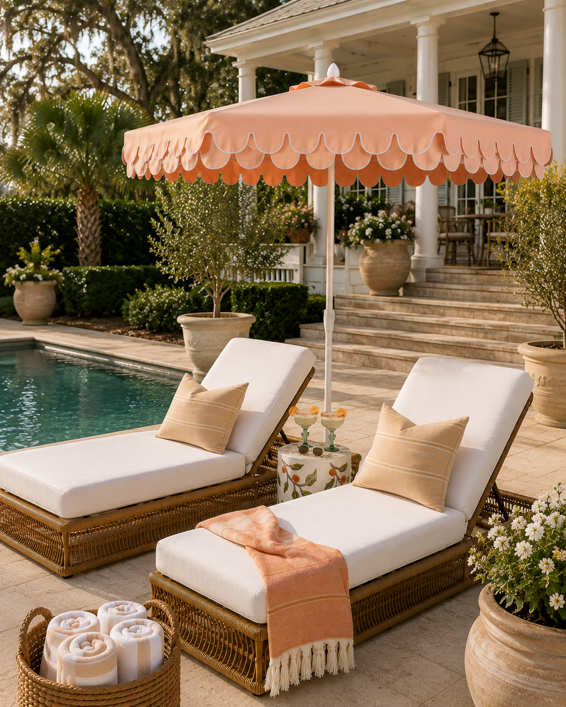 Luxury southern backyard pool with wicker chaise lounges, a peach scalloped umbrella, striped pillows, a ceramic side table with cocktails and sunglasses, creating a resort-inspired outdoor living space.