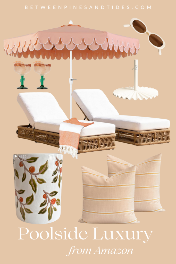 Branded collage showing all the items needed to create a boutique hotel poolside scene at home.