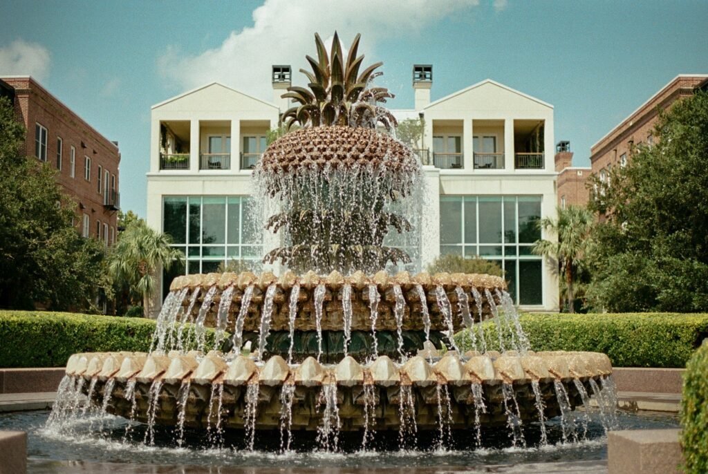 Pineapple fountain in Charleston South Carolina highlighted in a Charleston travel guide.